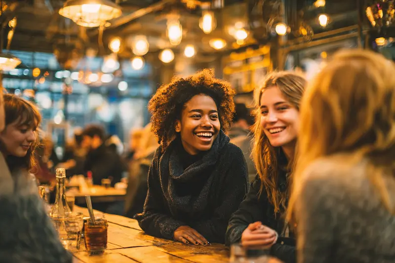 A group of diverse young friends laughing and talking at a cozy café with warm lighting, showing Libra’s social and charming personality traits in everyday life.