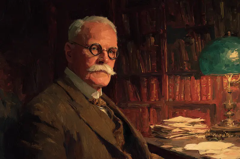 Artistic portrait of Carl Jung sitting at a desk in a library with books and papers, representing his legacy as a pioneering psychologist and deep-thinking INFJ personality