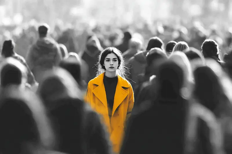Young woman in a bright yellow coat standing out in a black and white crowd, symbolizing the rarity and uniqueness of INFJ personality type