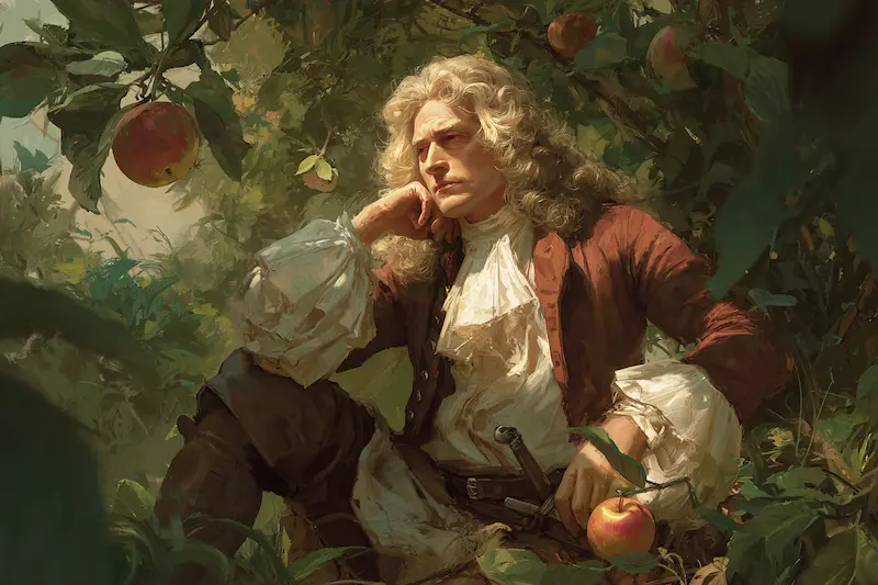 Illustration of Isaac Newton sitting under an apple tree, symbolizing his discovery of gravity and representing the INTJ personality type