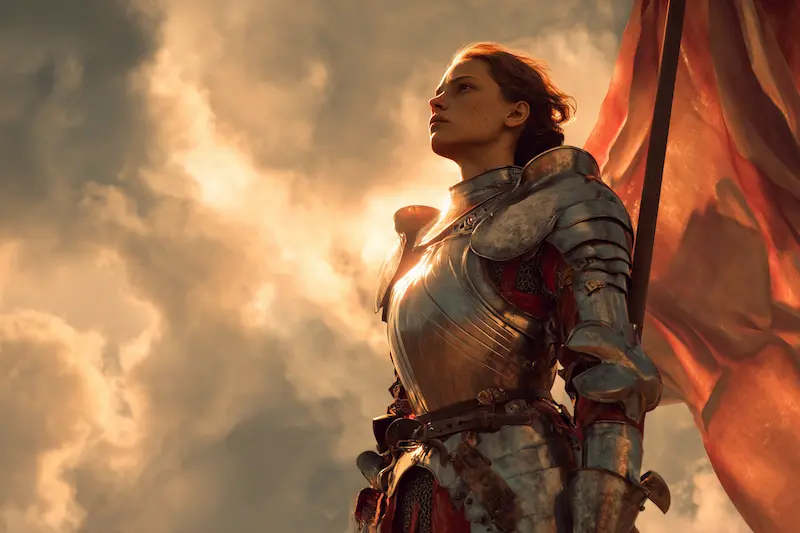 Dramatic portrait of Joan of Arc in shining armor holding a flag, standing tall against a glowing sky, symbolizing courage, leadership, and the rare INFJ personality traits