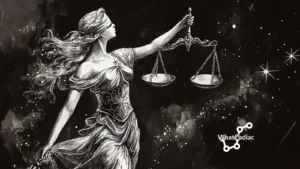 Artistic black and white illustration of Lady Justice holding balanced scales against a starry night sky, symbolizing Libra zodiac traits of fairness, balance, and harmony.