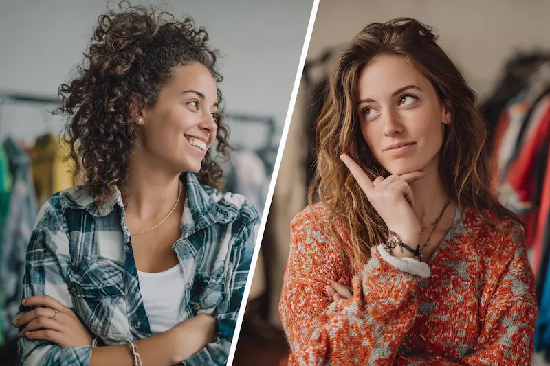 Split lifestyle photo showing two women: one smiling confidently representing Libra’s strengths, and the other looking indecisive while choosing, symbolizing Libra’s weaknesses.