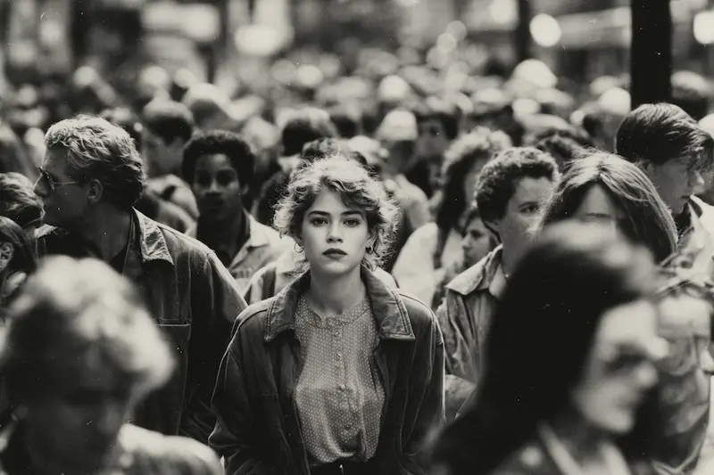 A young woman in color standing out in a black and white crowd, symbolizing the rarity of INFJ personality type among diverse personalities in society.
