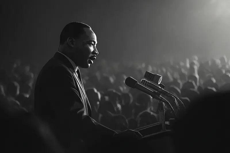 Martin Luther King Jr. speaking to a large crowd, symbolizing the ENFJ personality type’s charisma, leadership, and ability to inspire others, Ai Image