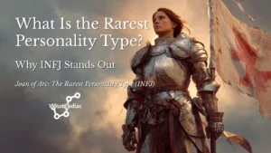 Joan of Arc in shining armor holding a flag, symbolizing the rare INFJ personality type, featured image for article on the rarest personality type in MBTI.