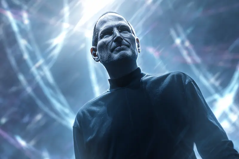 Steve Jobs standing confidently on stage in his black turtleneck, representing the ENTJ personality type’s vision, leadership, and bold innovation, Ai Image