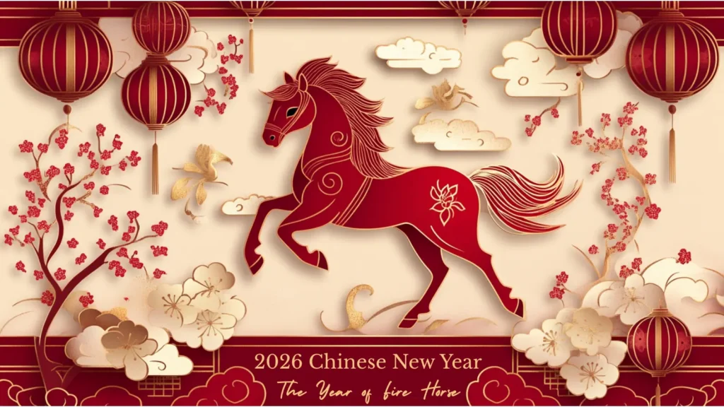 Elegant red and gold Chinese paper-cut illustration of a horse symbolizing the 2026 Year of the Fire Horse, surrounded by lanterns, plum blossoms, and clouds celebrating Chinese New Year