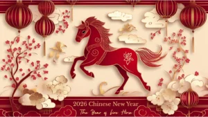 Elegant red and gold Chinese paper-cut illustration of a horse symbolizing the 2026 Year of the Fire Horse, surrounded by lanterns, plum blossoms, and clouds celebrating Chinese New Year
