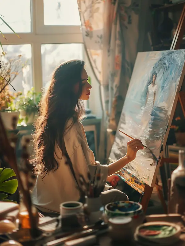 Aquarius woman painting in her sunlit bedroom studio, creating artwork of a woman carrying a water pot, symbolizing the strengths of an Aquarius female — creativity, independence, imagination, and visionary expression inspired by the Water Bearer sign.