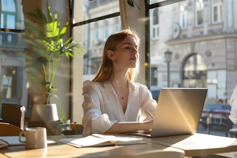 Aquarius woman working on her laptop in a bright modern café, representing the career and life path of an Aquarius female — independent, creative, and visionary, balancing intellect, purpose, and freedom in her professional journey.