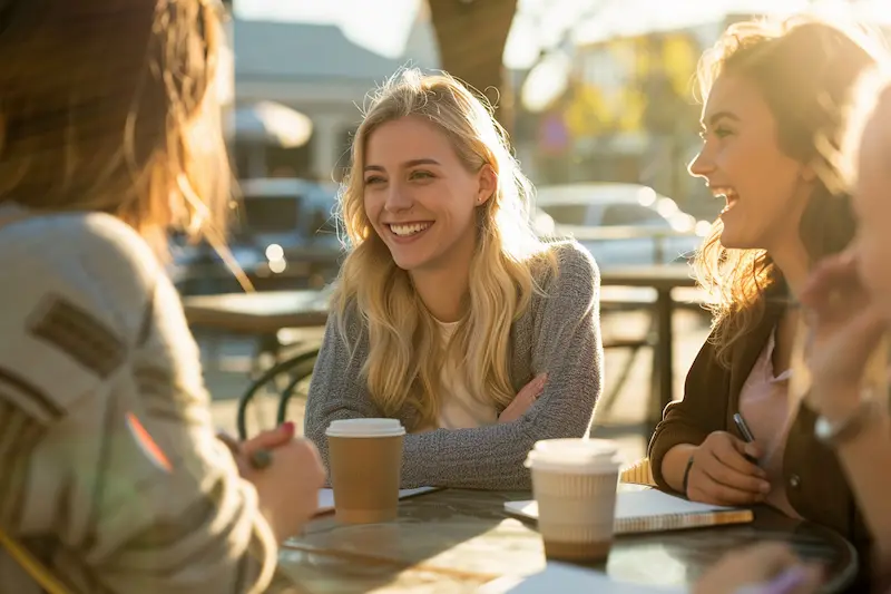 Aquarius woman laughing with friends at an outdoor café, showing how Aquarius women connect with others through meaningful conversation, friendship, and shared ideas, reflecting their social, intellectual, and open-minded personality.