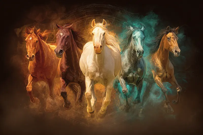 Five colorful horses representing the five Chinese elements—Fire, Earth, Metal, Water, and Wood—galloping forward in mystical energy light, symbolizing generational traits and destiny in the 2026 Year of the Horse.