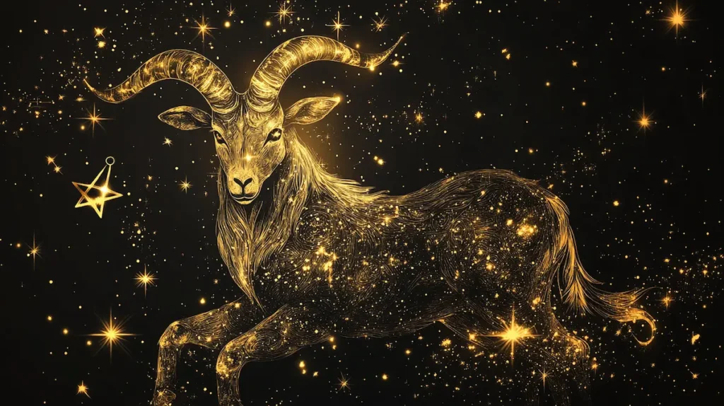 Golden Capricorn constellation illustration of a mystical mountain goat surrounded by glowing stars, symbolizing the qualities of Capricorn woman — strength, patience, and quiet persistence within the Capricorn zodiac sign.