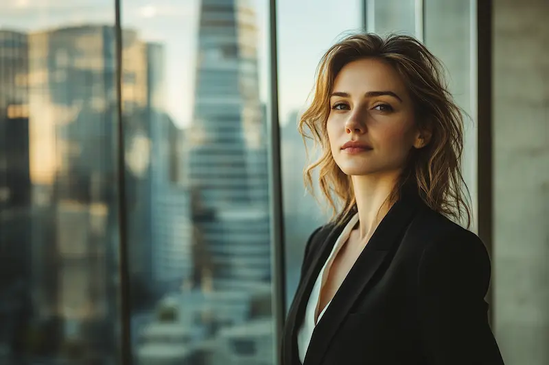 Confident Capricorn woman standing by a tall office window overlooking the city skyline, symbolizing ambition, strength, and responsibility — a modern reflection of the Capricorn woman personality.