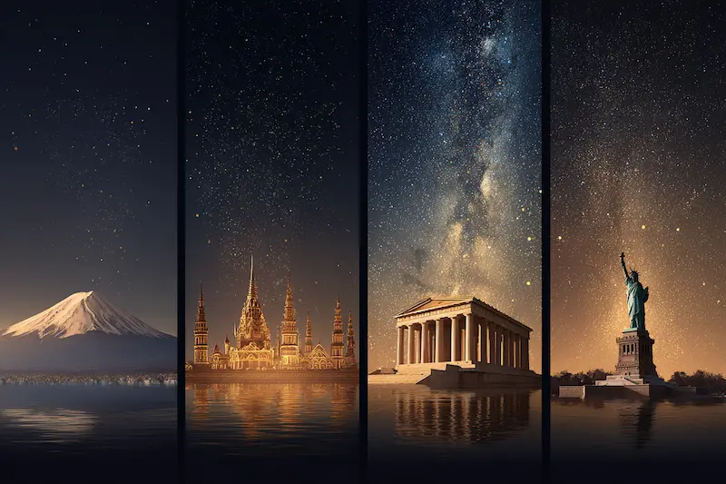 Night sky full of stars above famous landmarks—Mount Fuji, Wat Arun, the Parthenon, and the Statue of Liberty—showing how to know your sign of zodiac across cultures.