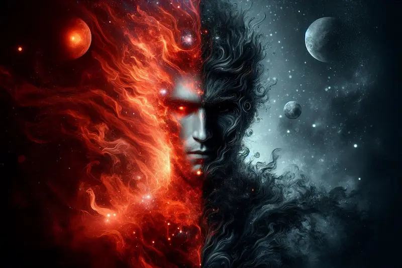 Abstract illustration symbolizing the Scorpio man personality, showing a dual-faced figure divided between fire and shadow, representing Mars and Pluto — the ruling planets of Scorpio zodiac personality and its balance of power, passion, and transformation.