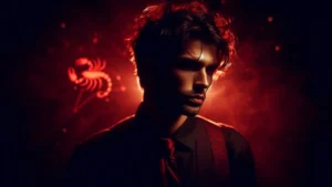 Mysterious portrait of a man in red lighting with the Scorpio zodiac symbol glowing behind him, representing the intense and magnetic nature of a Scorpio man personality.