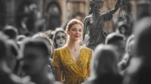 A Libra woman in a vibrant yellow dress stands out in full color among a monochrome crowd, with the statue of justice behind her, symbolizing balance, beauty, and harmony.