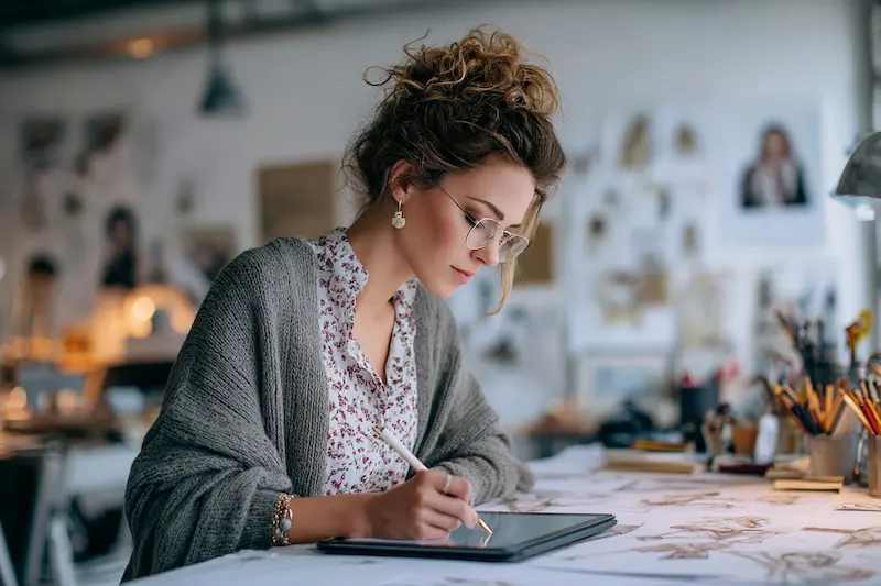 A focused Libra woman working in a creative studio, sketching designs on a digital tablet, symbolizing her balance between beauty, creativity, and professional ambition.