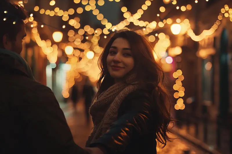 A romantic Libra woman holding her partner’s hand while walking through a city street decorated with glowing fairy lights, symbolizing her love for romance, harmony, and emotional connection.