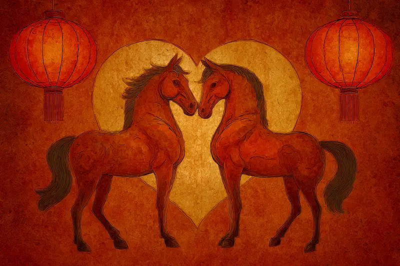Artistic Chinese-style illustration of two red horses facing each other with a glowing heart and lanterns, symbolizing love, harmony, and romantic luck in the 2026 Year of the Horse.