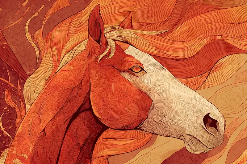 Artistic illustration of a majestic red and gold horse with flowing mane, symbolizing passion, confidence, and vitality — capturing the personality traits of the 2026 Year of the Fire Horse.