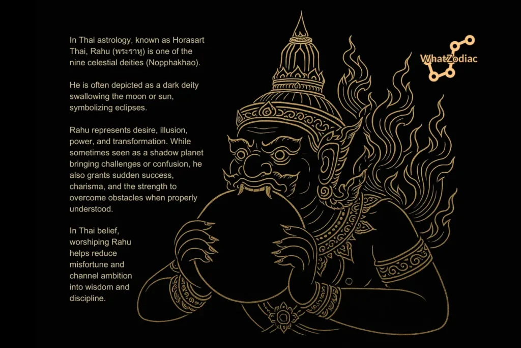 Traditional Thai illustration of Rahu swallowing the moon, gold line art on a black background, symbolizing Rahu’s power, transformation, and cosmic balance in Thai astrology and mythology.