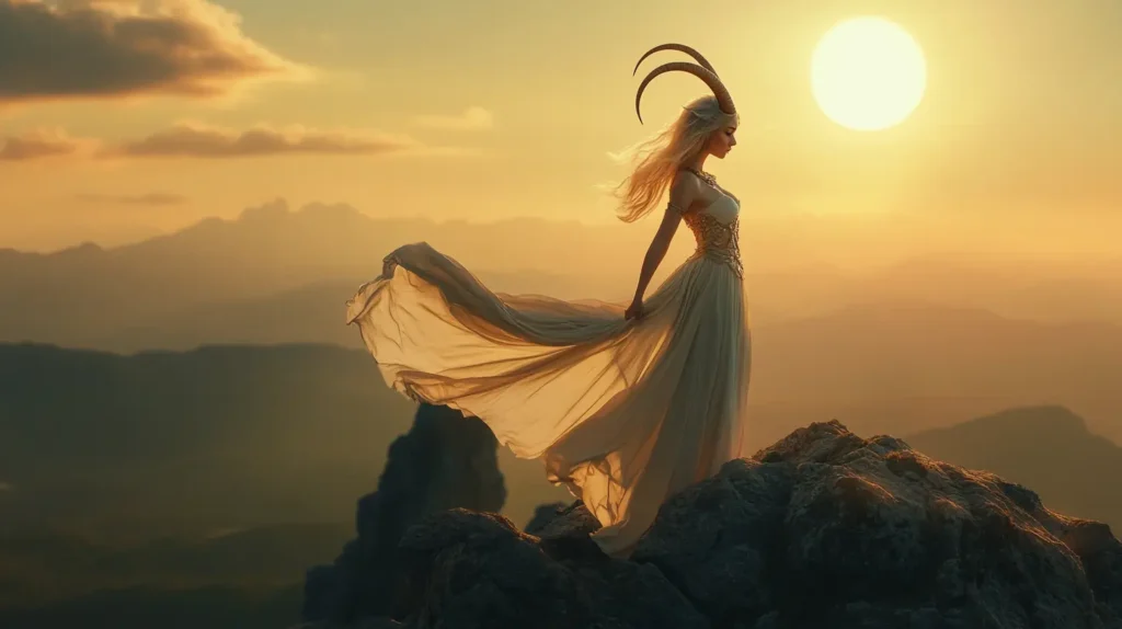 Majestic Capricorn woman with long goat horns standing on a mountain at sunset, wearing an ancient Greek-style flowing dress, representing the qualities of Capricorn woman — strength, patience, and lasting ambition under the Capricorn zodiac sign.