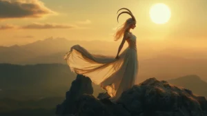 Majestic Capricorn woman with long goat horns standing on a mountain at sunset, wearing an ancient Greek-style flowing dress, representing the qualities of Capricorn woman — strength, patience, and lasting ambition under the Capricorn zodiac sign.