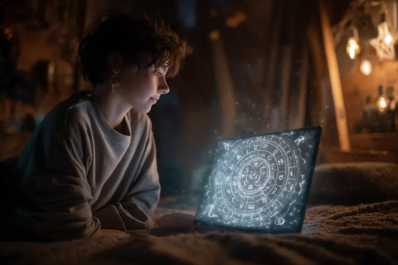 Young woman studying a glowing digital zodiac chart on a tablet, symbolizing step-by-step guidance for reading astrology houses and understanding personal birth charts.