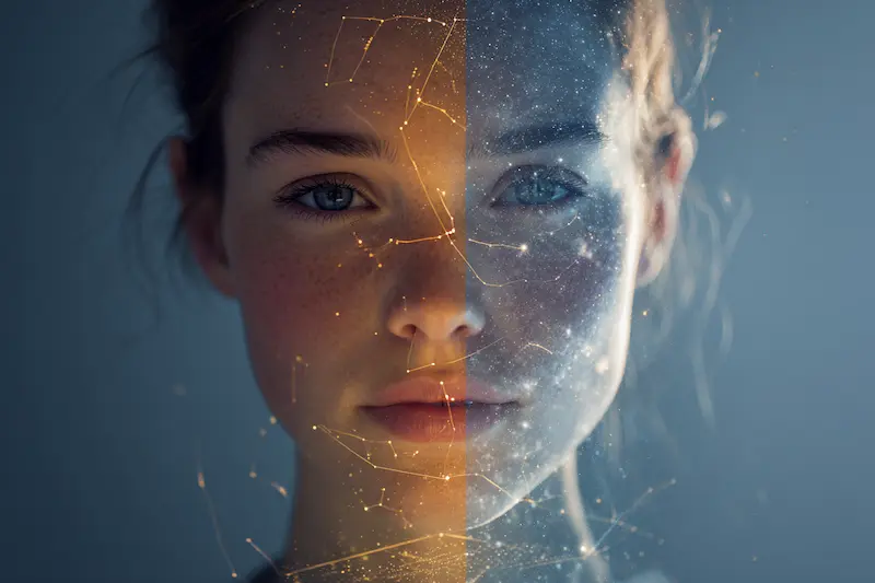 A woman’s face divided by glowing constellations, representing the connection between sun, moon, and rising signs in astrology and how to know your sign of zodiac.