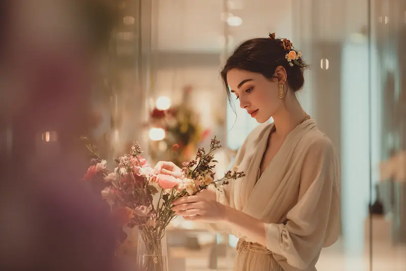 A graceful Libra woman arranging fresh flowers in a modern boutique, symbolizing elegance, balance, and beauty — representing the aesthetic qualities of a Libra personality.