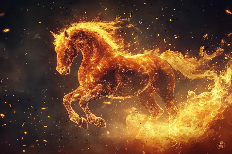 Fiery digital illustration of a glowing horse made of flames, symbolizing strength, passion, and transformation — representing the Fire Horse element in the 2026 Year of the Horse.