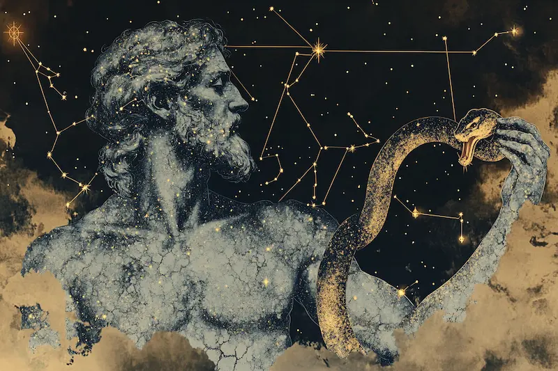 Ancient Greek-style artwork of Ophiuchus, the serpent bearer constellation, symbolizing the mysterious 13th zodiac sign and its link to how to know your sign of zodiac.