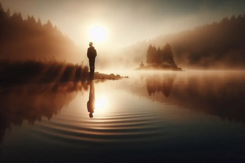 A man standing alone beside a misty lake at sunrise, his reflection visible in the calm water, symbolizing the mysterious nature of a Scorpio man’s personality — deep emotions, solitude, and inner reflection.