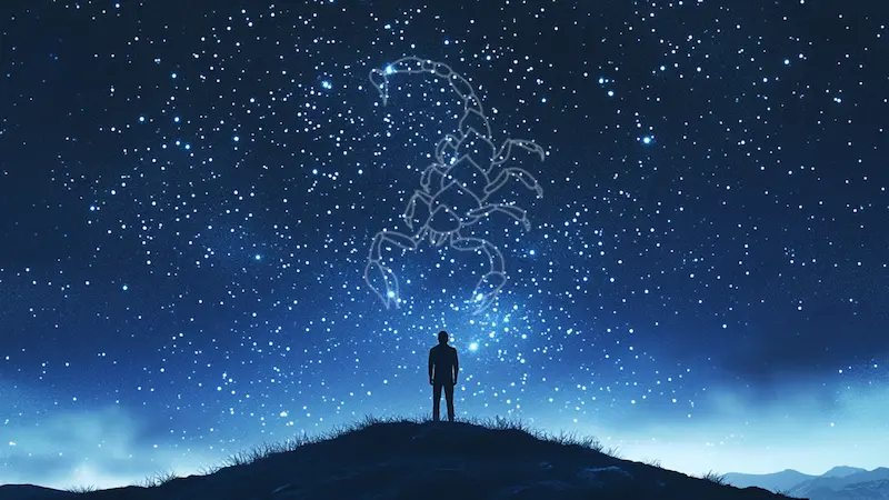 A person standing under the night sky full of stars, looking at the glowing scorpion constellation — symbolizing how to know your sign of zodiac by observing constellations and their zodiac meanings.
