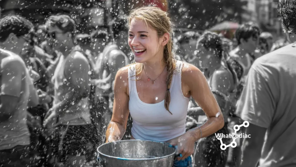 Aquarius woman laughing and splashing water at the Songkran festival, symbolizing the traits of an Aquarius female — joyful, independent, spontaneous, and full of life, reflecting the free-spirited nature of this Air sign.