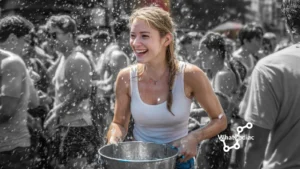 Aquarius woman laughing and splashing water at the Songkran festival, symbolizing the traits of an Aquarius female — joyful, independent, spontaneous, and full of life, reflecting the free-spirited nature of this Air sign.