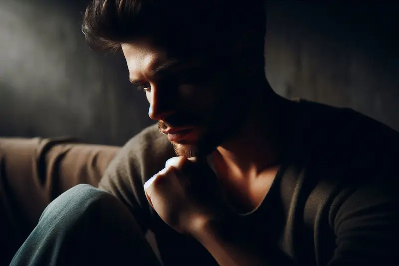 A thoughtful man sitting alone in dim light, resting his chin on his hand, symbolizing the weaknesses of a Scorpio man personality — emotional depth, jealousy, and inner struggle beneath his calm exterior.