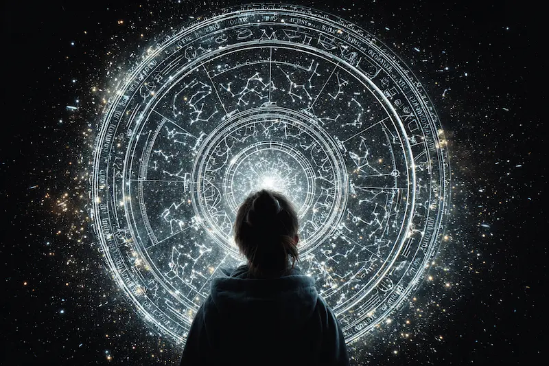 A person gazing at a glowing zodiac wheel in the night sky, representing the houses of the zodiac and astrology chart.