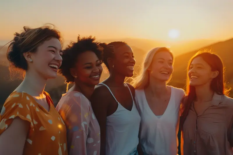 A group of diverse women smiling together under the sunrise, representing unity, happiness, and the shared journey of discovering how to know your sign of zodiac.