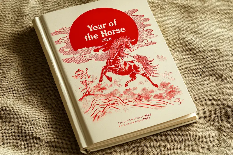 Elegant vintage book cover design with red ink illustration of a galloping horse beneath a rising sun, titled “Year of the Horse 2026,” symbolizing the start and end of the 2026 Year of the Horse in Chinese zodiac art style.