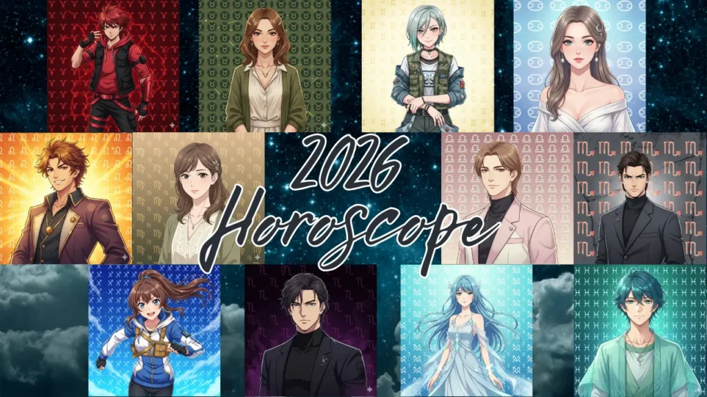 Anime-style 2026 horoscope feature image showing all 12 zodiac characters together, each representing their zodiac sign. Ideal for 2026 horoscope predictions, zodiac personality insights, and astrology forecast guidance for the upcoming year.