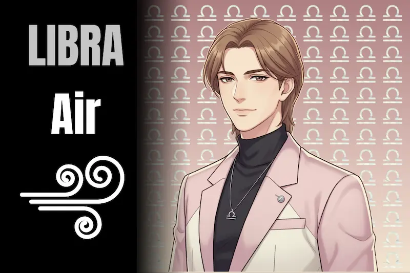 Anime-style portrait of the Libra zodiac character, representing the Air element. Calm and elegant expression with soft pastel tones. Ideal for 2026 horoscope predictions, zodiac personality insights, and balanced relationship guidance in astrology.