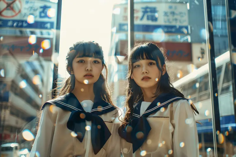 Gemini woman traits illustrated by twin Asian girls in sailor school uniforms standing in a busy city street, symbolizing dual personality and dynamic energy of a Gemini woman.