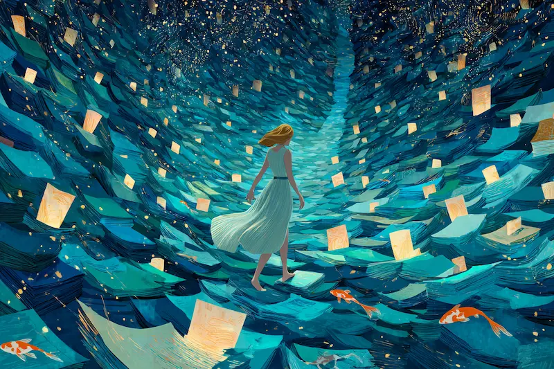 Surreal fantasy illustration of a Pisces woman walking through a cosmic library of floating books and glowing starlight, symbolizing creativity, imagination, and life purpose for Pisces women.