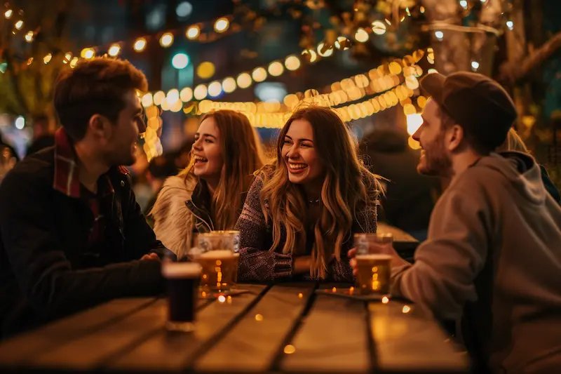 Gemini woman traits in love shown through two women laughing happily with partners at a night beer garden, warm string lights and joyful social energy.