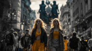 Feature image of a Gemini woman portrayed as twin sisters walking confidently through a busy city street, symbolizing dual personality, independence, and bold social energy of the Gemini woman traits.