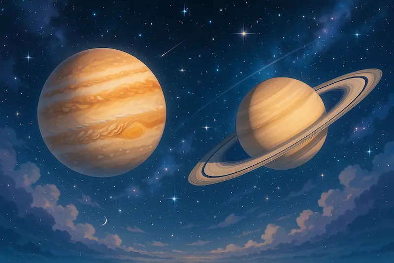 Jupiter and Saturn alignment in a starry night sky, symbolizing major planetary transits for 2026 horoscope predictions and zodiac astrology forecast